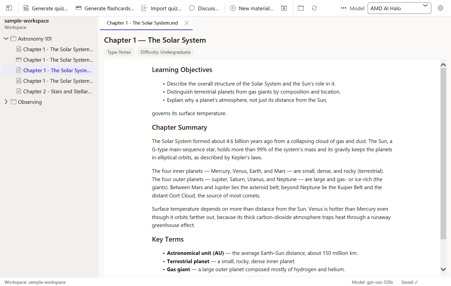 NoteQuiz reading Chapter 1 of an Astronomy folder: the notes are a local markdown file.